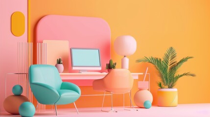 Bright, modern workspace with colorful furniture and plants, perfect for productivity and creativity.