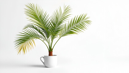 Isolated Cycad palm tree with coffee cup on light background Space for text