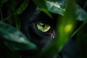 Canvas Print - A close-up of a striking green eye peering through lush foliage.