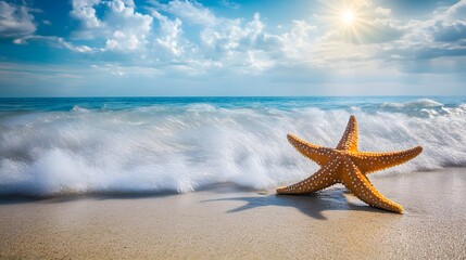 A starfish is laying on the sand on a beach. The sun is shining on the starfish, making it look like it is glowing. The beach is calm and peaceful, with the starfish being the only object in the scene