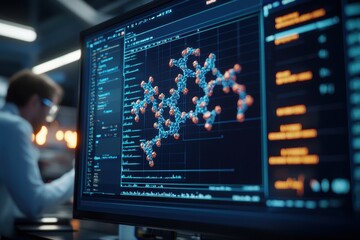 Close-up of computer screen displaying molecular structure and data analysis.