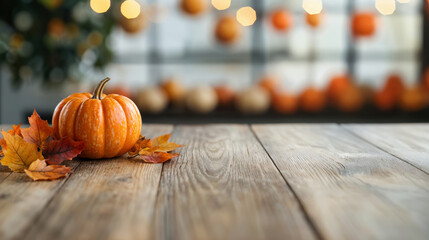 Poster - Warm and inviting fall themed setup with a pumpkin on a rustic wooden table surrounded by autumn leaves