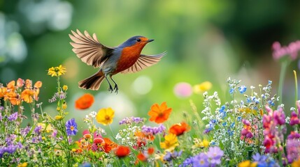 Poster - A vibrant bird in flight among a colorful array of blooming flowers.