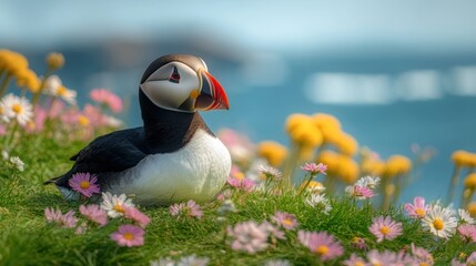 Wall Mural - A colorful puffin resting among flowers by the sea, showcasing nature's beauty.