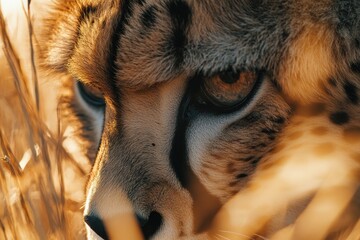 Poster - Close-up of a cheetah's face amidst tall grass, showcasing its intense gaze.