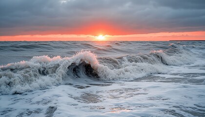 a tidal wave crashing against the shore at sunrise, the sun s light reflecting off the powerful wate