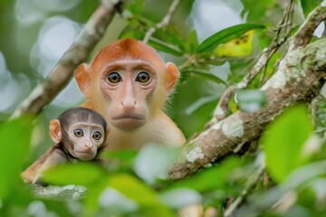 Wall Mural - Two monkeys, one adult and one juvenile, perched among green foliage in a natural setting.