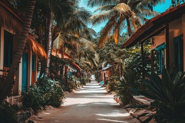 Canvas Print - A serene pathway lined with tropical cottages and lush greenery under a bright sky.