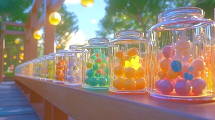 Poster - A row of glass jars filled with colorful balls, set outdoors amidst greenery and warm lighting.