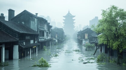 Torrential rain flooding a city street, showcasing the raw, destructive power of water in urban environments, city flood, urban water impact