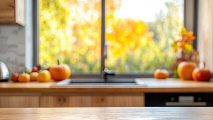 Canvas Print - Wooden table showing empty kitchen with autumn window view