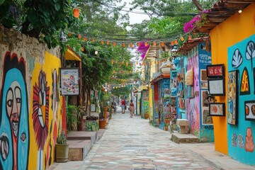 Sticker - A vibrant, colorful alley adorned with street art and plants, inviting exploration and creativity.