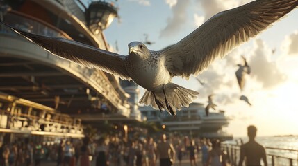 Poster - A seagull flies over a bustling crowd near a cruise ship during sunset.