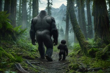 Sticker - A large gorilla and a small child walk through a lush, misty forest.