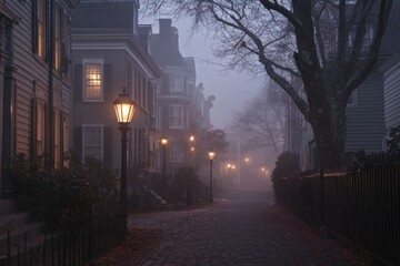 Sticker - A foggy street scene at dusk with vintage street lamps illuminating quiet homes.