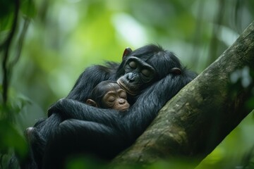 Canvas Print - A tender moment between a mother chimpanzee and her baby in a lush forest setting.