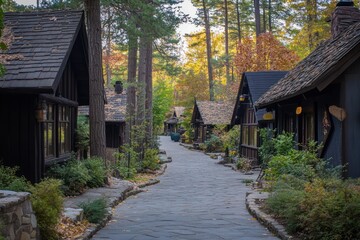 Poster - A serene pathway lined with charming cabins amidst tall trees and autumn foliage.