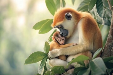 Canvas Print - A mother monkey lovingly embraces her baby in a lush green environment.