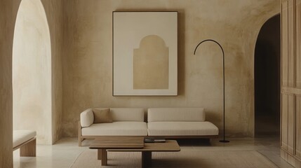 Canvas Print - A minimalist living room with neutral tones, featuring a couch and modern decor.