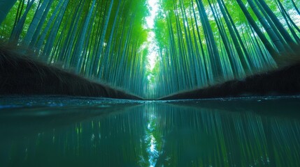 Poster - Serene bamboo forest reflected in tranquil water, showcasing nature's beauty and harmony.