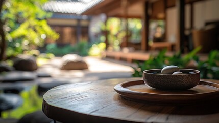 Poster - A serene garden scene featuring a wooden table with a bowl of stones, surrounded by nature.