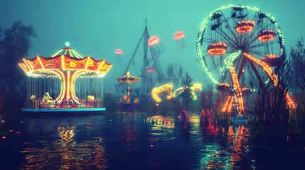 Poster - A vibrant amusement park scene illuminated by colorful lights, reflected in water.