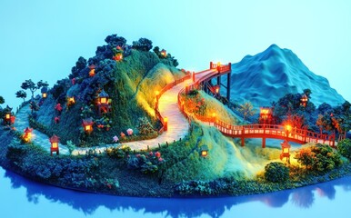 Poster - A serene landscape featuring a winding path, bridge, and illuminated trees on a hill.