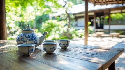 Wall Mural - A serene tea setting with a teapot and cups, surrounded by a tranquil garden.