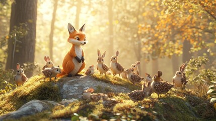 Poster - A fox surrounded by rabbits and birds in a serene forest setting.