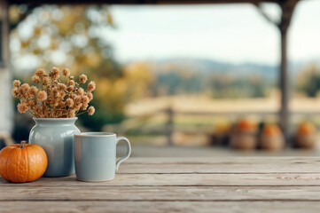 Poster - Rustic wooden table featuring a coffee mug, a pumpkin, and dried flowers, set against a blurred autumnal backdrop
