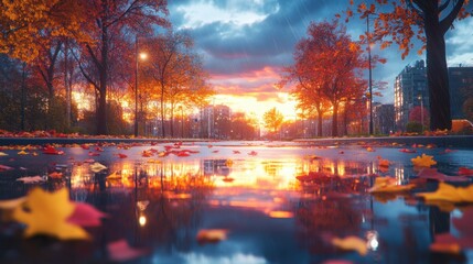 A city street glistens after rain, with large puddles reflecting a cloudy sky and the warm lights of autumn. The scene captures an evocative twilight atmosphere.