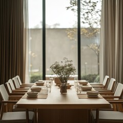 Poster - A modern dining room with a wooden table set for a meal, featuring a floral centerpiece.