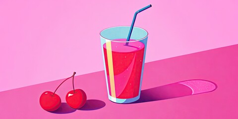 Sticker - Glass of cherry juice with fresh cherries on a pink surface.