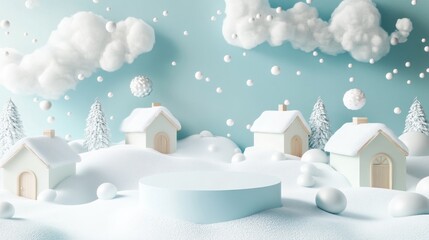 Sticker - A whimsical winter scene with pastel houses, snow, and clouds, perfect for festive themes.