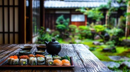 Poster - A serene outdoor setting featuring a sushi platter and a teapot amidst a lush garden.