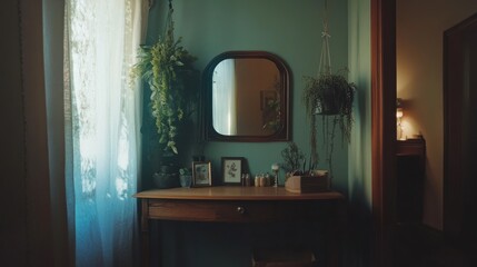 Sticker - A cozy corner featuring a wooden table, mirror, plants, and personal photos in soft lighting.