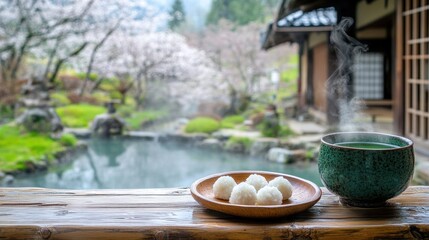 Wall Mural - A serene tea setting with sweet dumplings and a peaceful garden view.