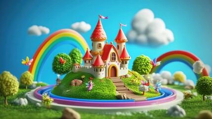 Wall Mural - A whimsical castle scene with rainbows, trees, and fairies, evoking a magical atmosphere.