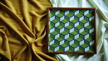 Wall Mural - Geometric patterned fabric in shades of green and blue.