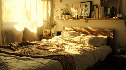 Poster - A cozy, sunlit bedroom with a neatly made bed and warm decor elements.