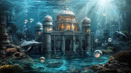 Wall Mural - An underwater palace surrounded by dolphins and bubbles, showcasing marine beauty.