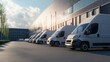 © Anna - A row of delivery vans parked in the parking lot in front of a modern warehouse, with spacious cargo areas ready for transporting goods at a commercial facility.