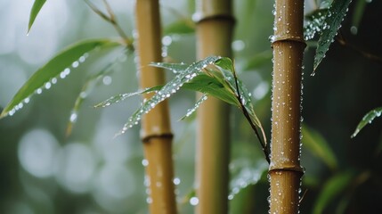 Wall Mural - Close-up of bamboo stalks with water droplets, highlighting nature's beauty and tranquility.