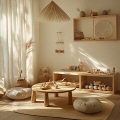 Canvas Print - A cozy children's playroom with natural decor and toys for imaginative play.