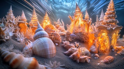 Poster - An underwater scene showcasing colorful seashells and coral formations illuminated by light.