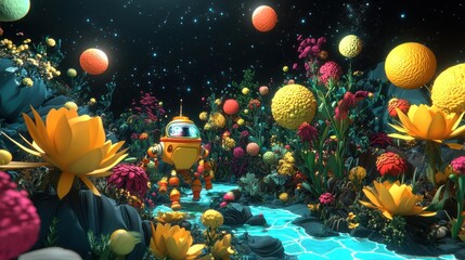 Sticker - A whimsical robot explores a vibrant alien landscape filled with colorful flora and stars.