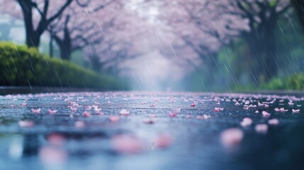 Sticker - A serene scene of cherry blossoms on a wet road during rain, evoking tranquility.