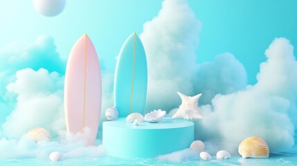 Sticker - A vibrant beach scene with surfboards and seashells amidst fluffy clouds.