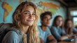 © MINDEYEVISION - High school students in a modern classroom looking at a world map on the wall, excitedly discussing potential study abroad destinations.