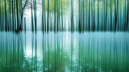 Sticker - Serene bamboo forest reflected in tranquil water, creating a peaceful atmosphere.